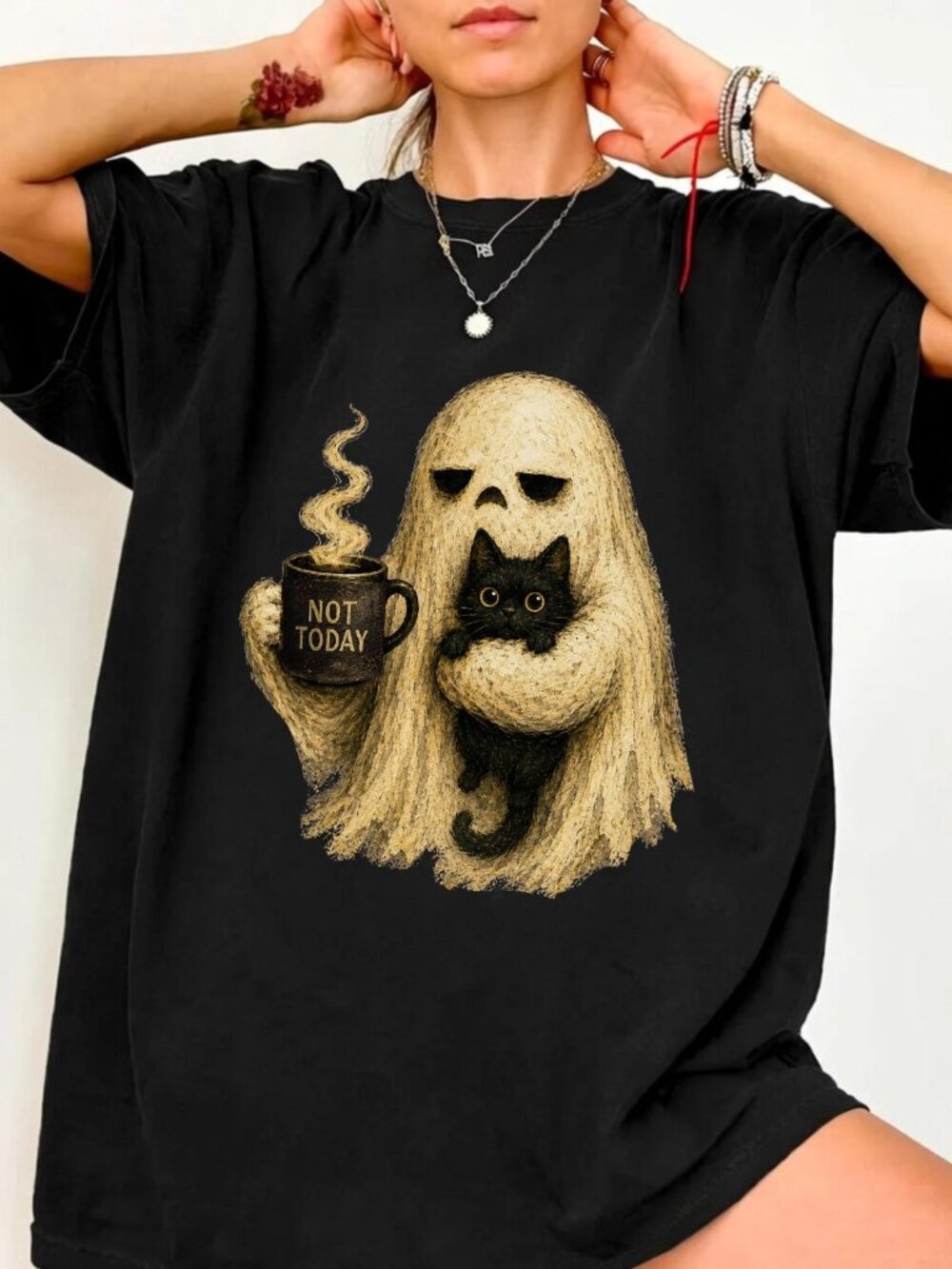 Not Today Ghost Black Cat Halloween Graphic Tee, Funny Spooky Shirt